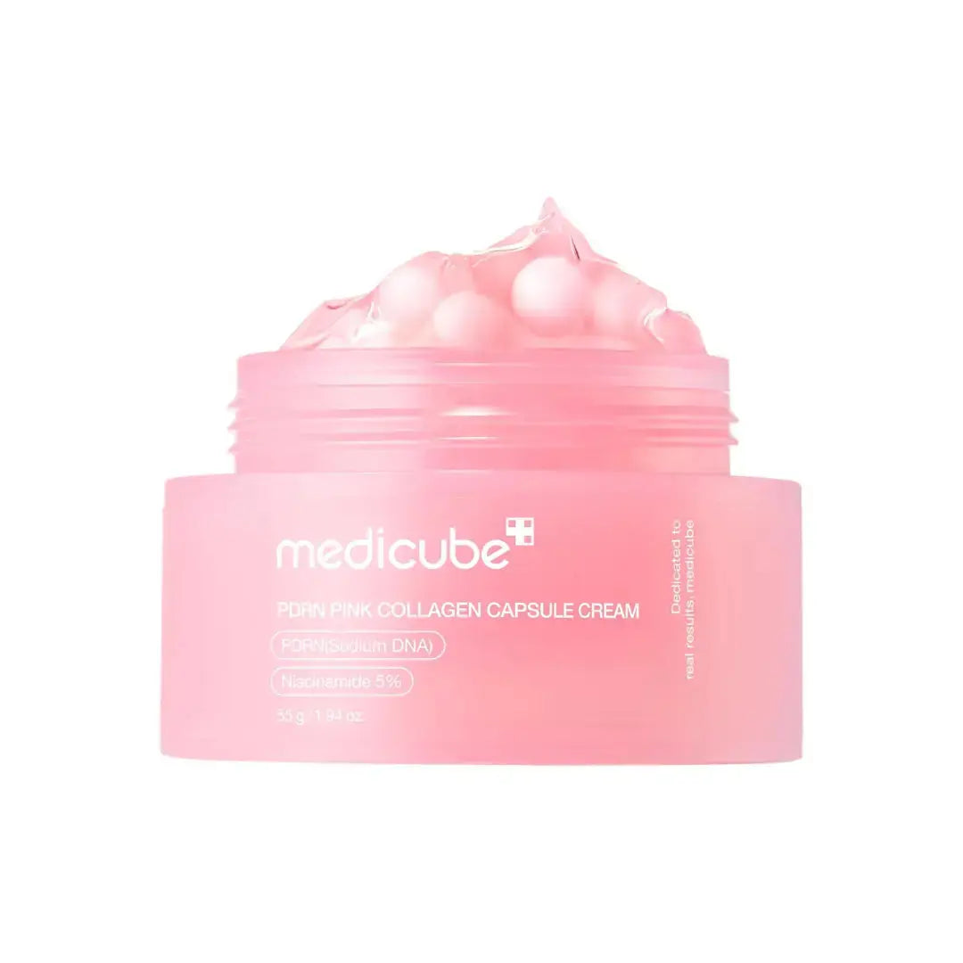 Medicube PDRN Pink Collagen Capsule Cream 55g jar with pink and white packaging, showcasing the skincare cream container.
