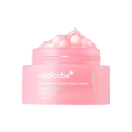 Medicube PDRN Pink Collagen Capsule Cream 55g jar with pink and white packaging, showcasing the skincare cream container.