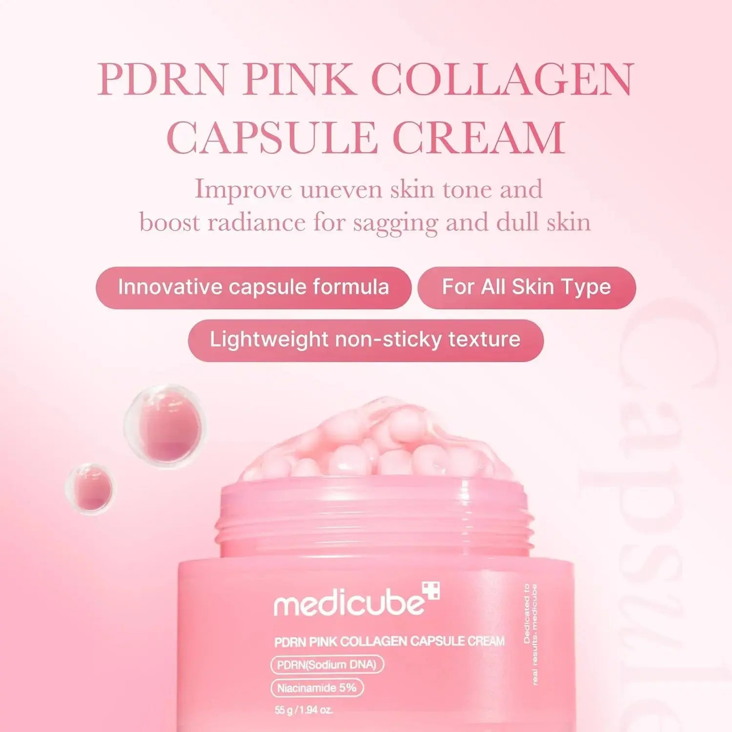 Medicube PDRN Pink Collagen Capsule Cream in a 55g jar, featuring a pink formula for skin rejuvenation and collagen support.