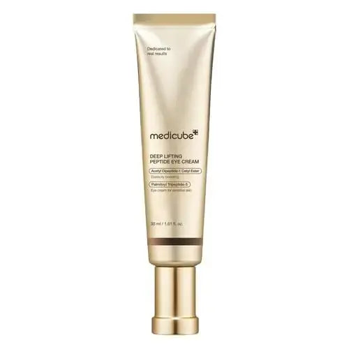 Medicube Deep Lifting Peptide Eye Cream 30 ml jar showing smooth, creamy eye cream with applicator in a sleek container.