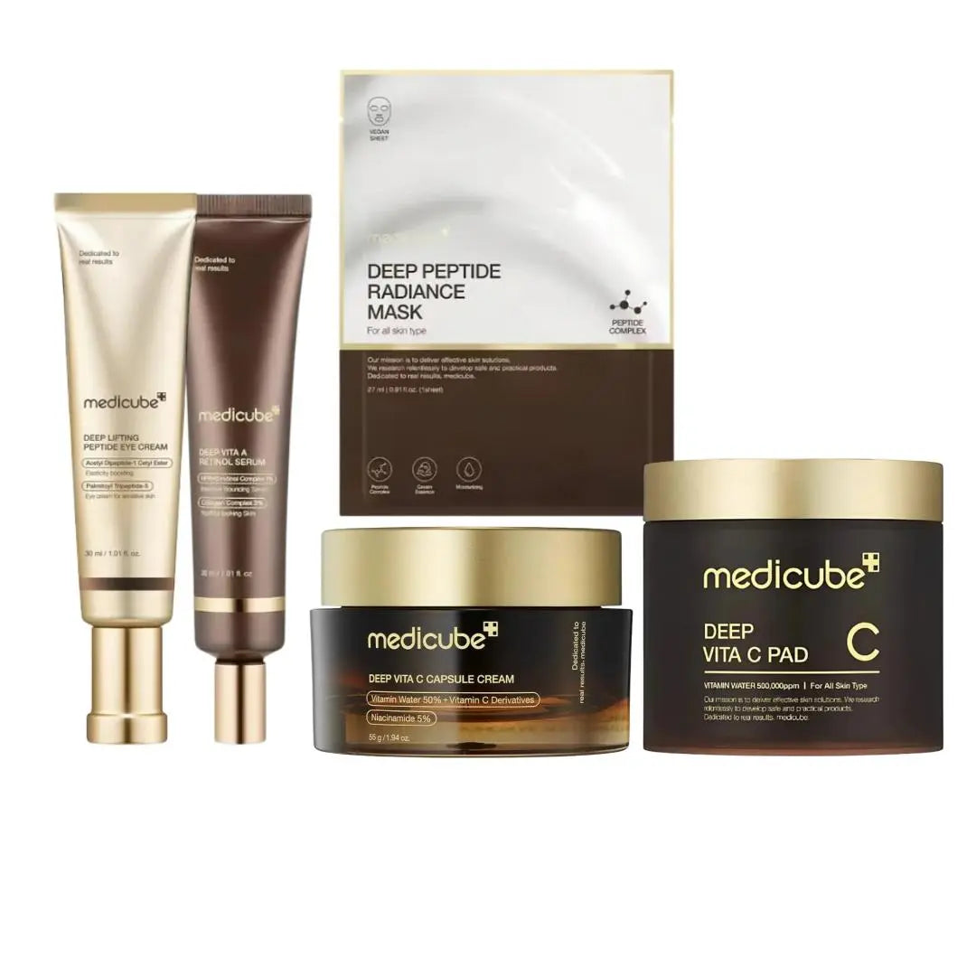 Set of five Medicube Deep Vita C skincare products featuring brightening and vitamin C-rich formulations.
