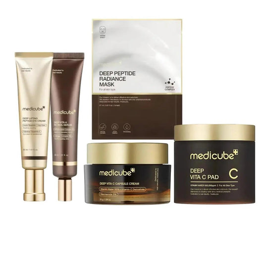 Set of five Medicube Deep Vita C skincare products featuring brightening and vitamin C-rich formulations.