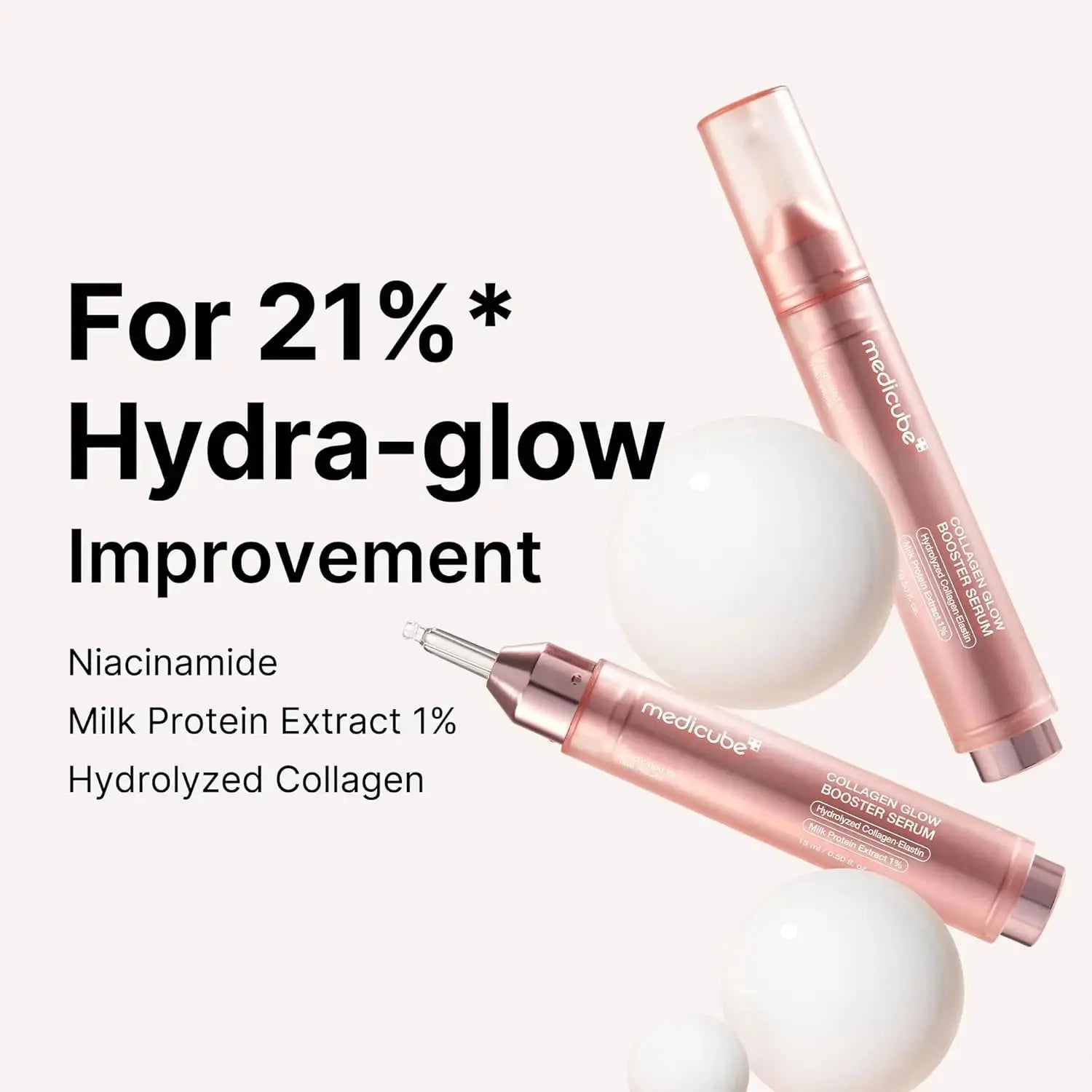 Medicube Glow Booster Serum 15 ML in a clear glass bottle, featuring a dropper cap and bright, illuminating packaging.