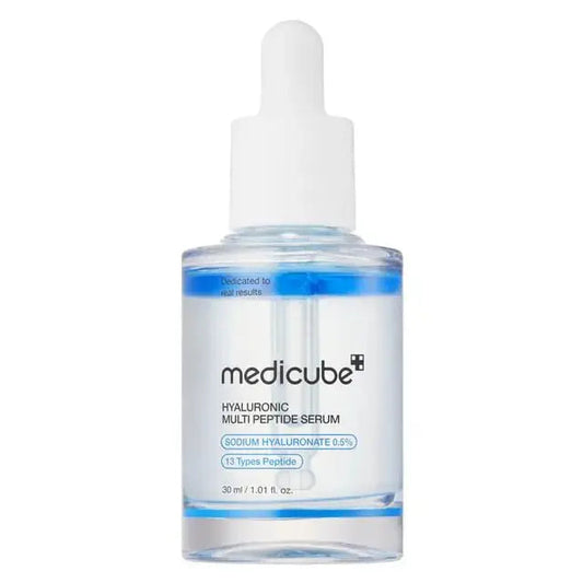 Medicube Hyaluronic Multi Peptide Serum 30 ml bottle with clear packaging and dropper applicator for hydrating skincare.