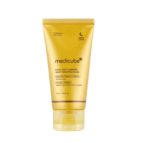 Medicube Turmeric Glow skincare set featuring a 75ml night wrapping mask with turmeric and kojic acid for brightening and skin renewal.