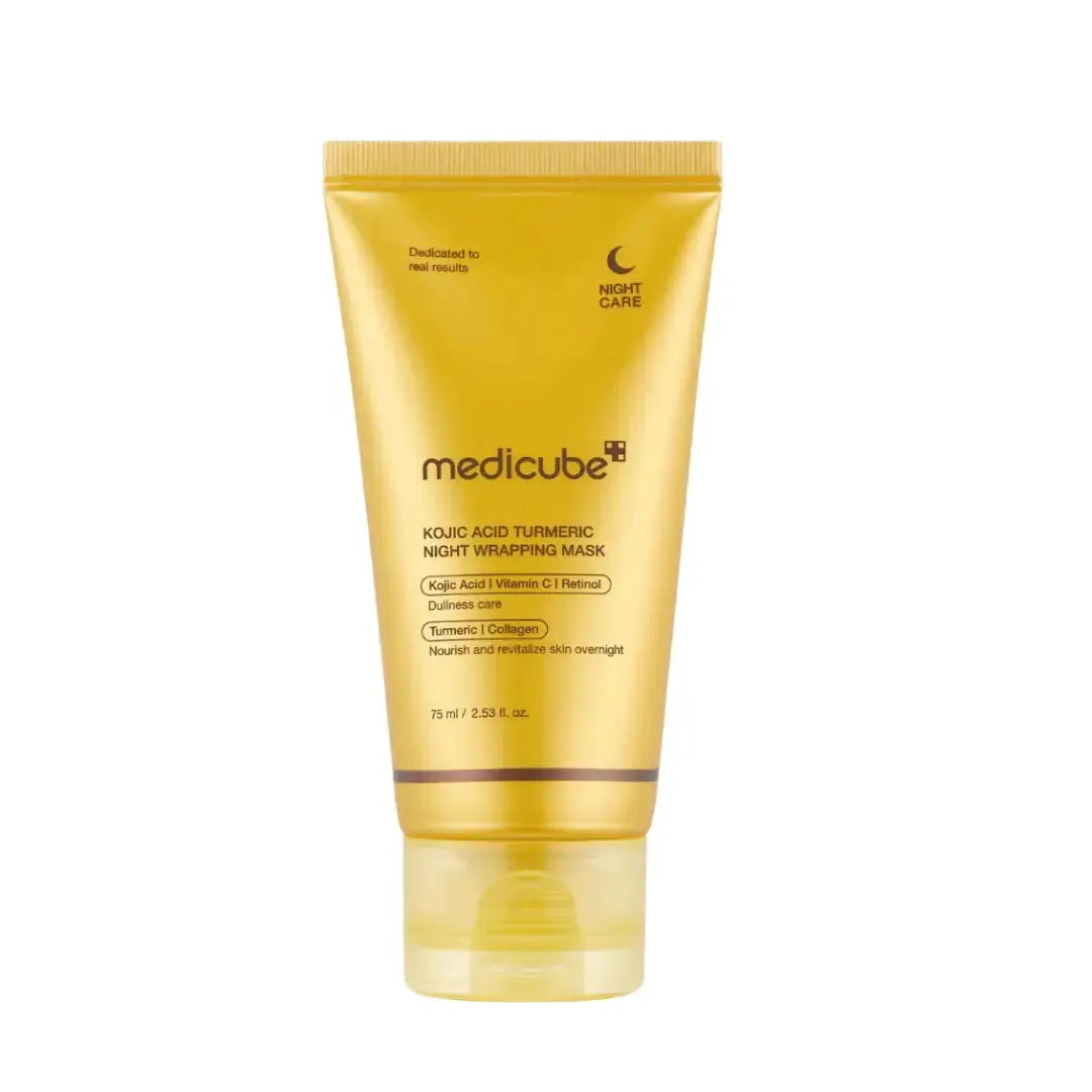Medicube Kojic Acid Turmeric Night Wrapping Mask in 75ml jar, featuring brightening and soothing skincare ingredients.