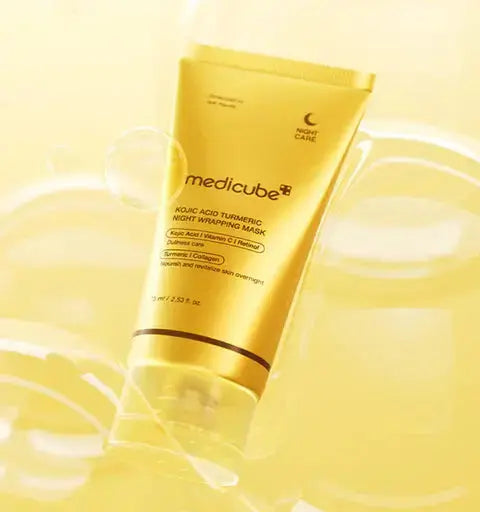 Medicube Kojic Acid Turmeric Night Wrapping Mask in 75 ml jar, showing the product and packaging with label details.