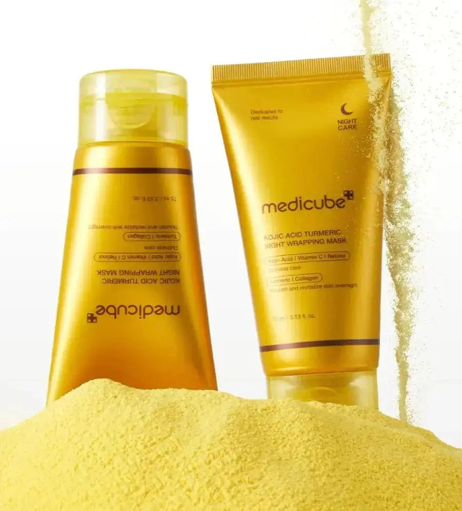 Medicube Kojic Acid Turmeric Night Wrapping Mask in a 75ml jar, designed for brightening and nourishing skin overnight.