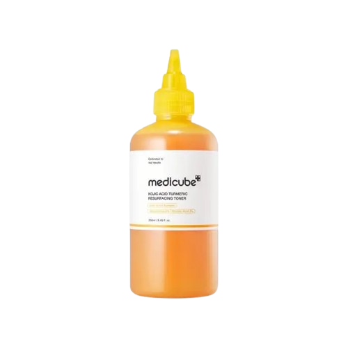 Medicube Turmeric Glow skincare set featuring Kojic Acid Turmeric Resurfacing Toner in a 250ml bottle.
