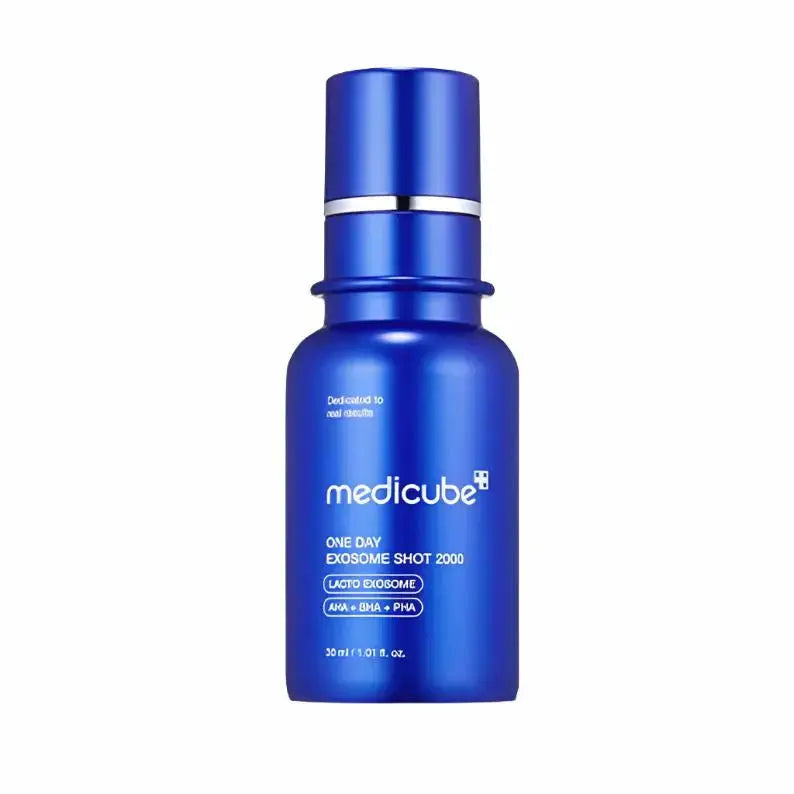 Medicube One Day Exosome Shot Pore Ampoule 2000, 30ml, close-up of the skincare ampoule bottle with label.