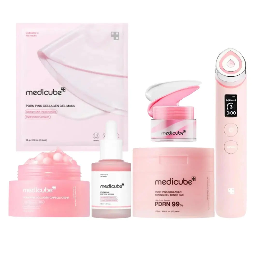 Medicube PDRN Booster Lip Pink Toning Collagen set with six tubes for lip hydration and pink tone enhancement.
