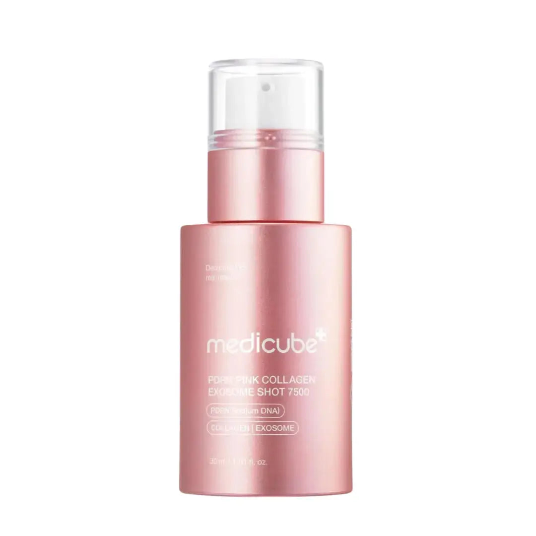 Medicube PDRN Collagen Exosome Shot 7500 serum in a 30ml bottle, showcasing the product's packaging and clear serum contents.