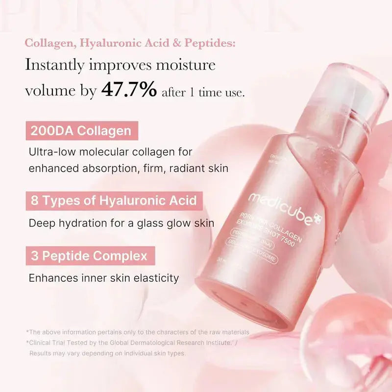 Medicube PDRN Collagen Exosome Shot 7500 serum in a 30ml bottle, showcasing the clear, sleek packaging of this skincare product.