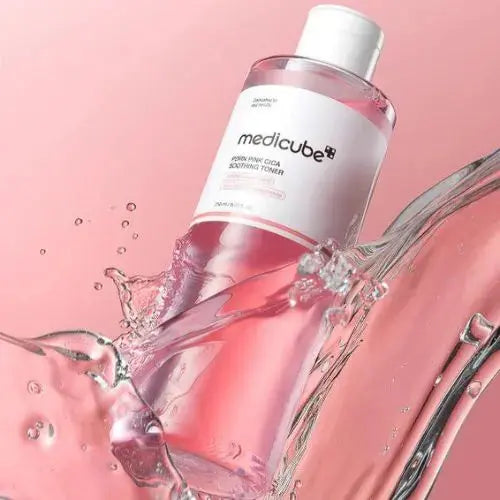 Medicube PDRN Pink Cica Soothing Toner 120 ML, clear bottle showing the pink toner inside and product label.