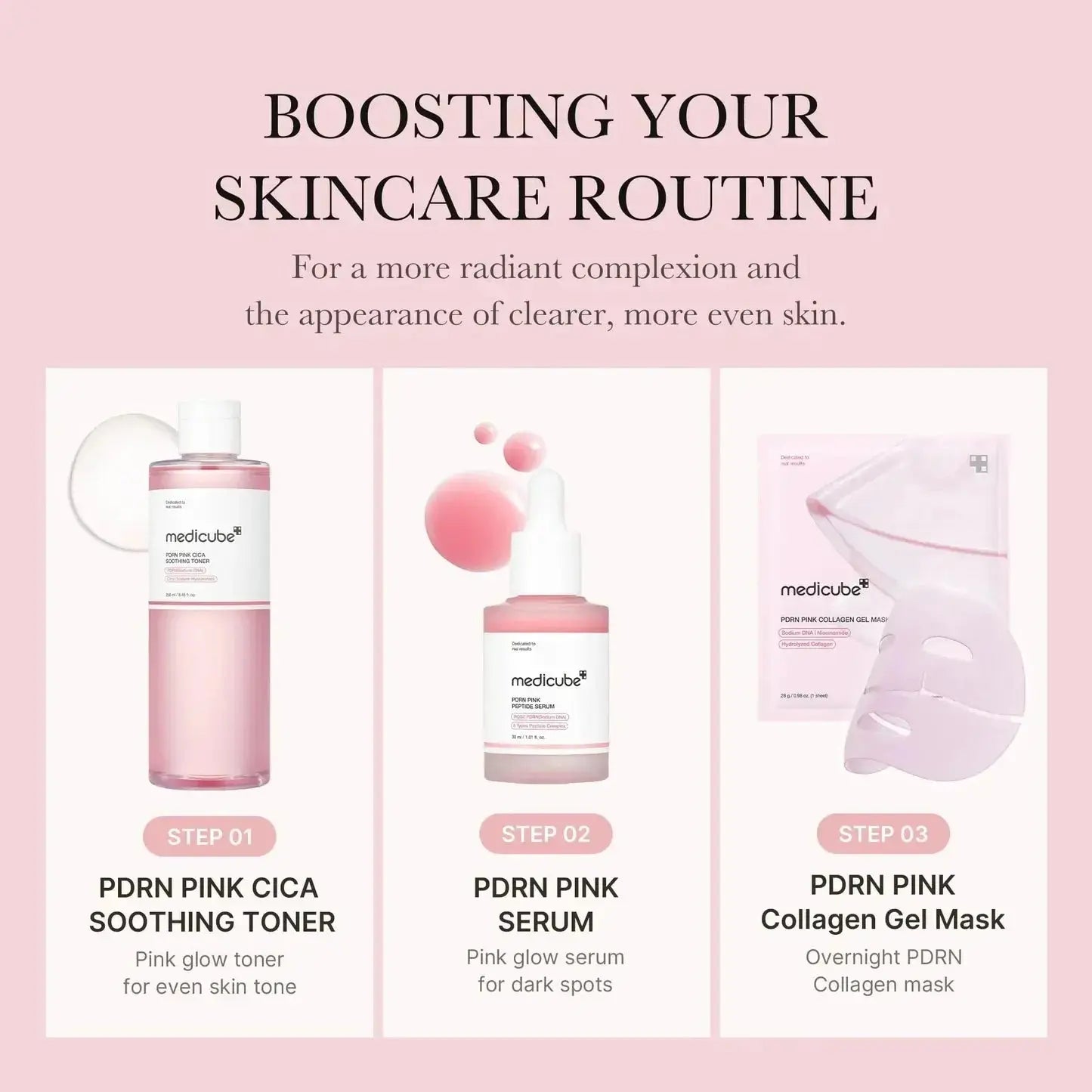 Medicube PDRN Pink Cica Soothing Toner in a 120 ml bottle, designed to hydrate and calm sensitive skin.