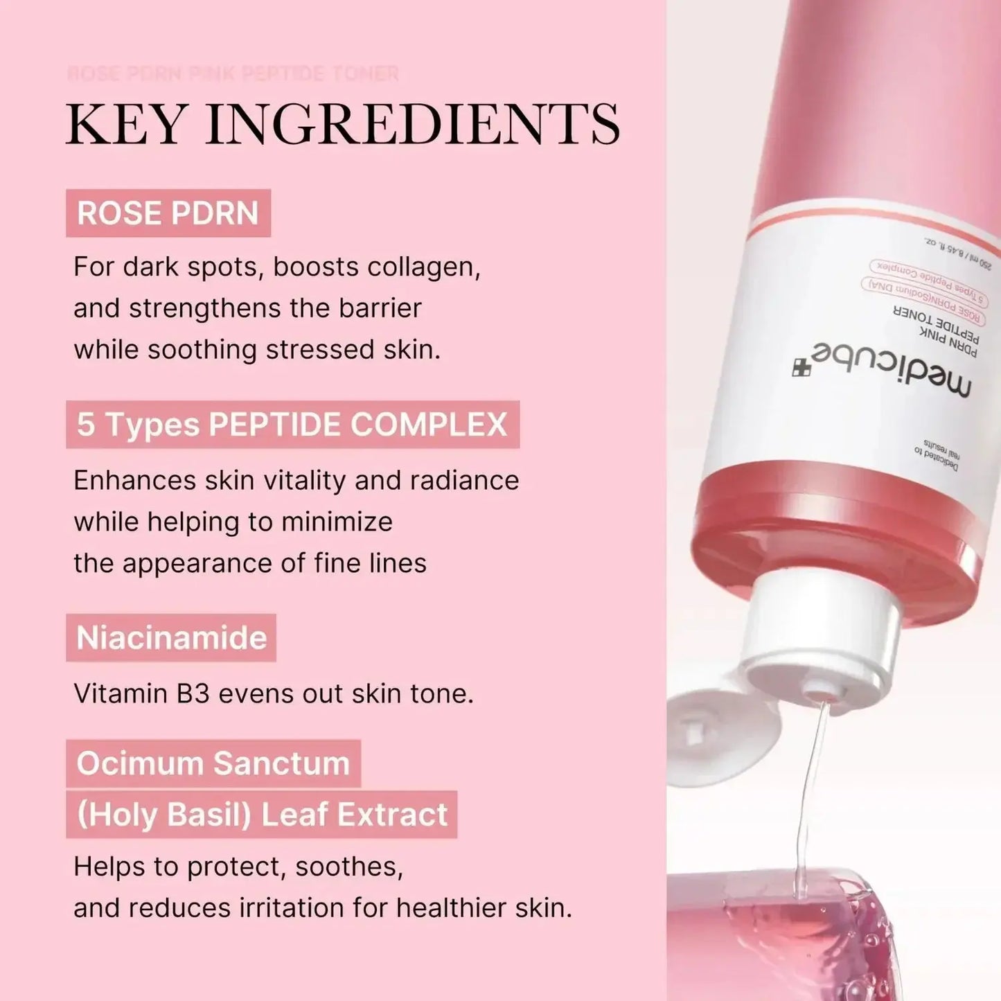 Medicube PDRN Pink Cica Soothing Toner in a 120ml bottle, designed to hydrate and calm sensitive skin.