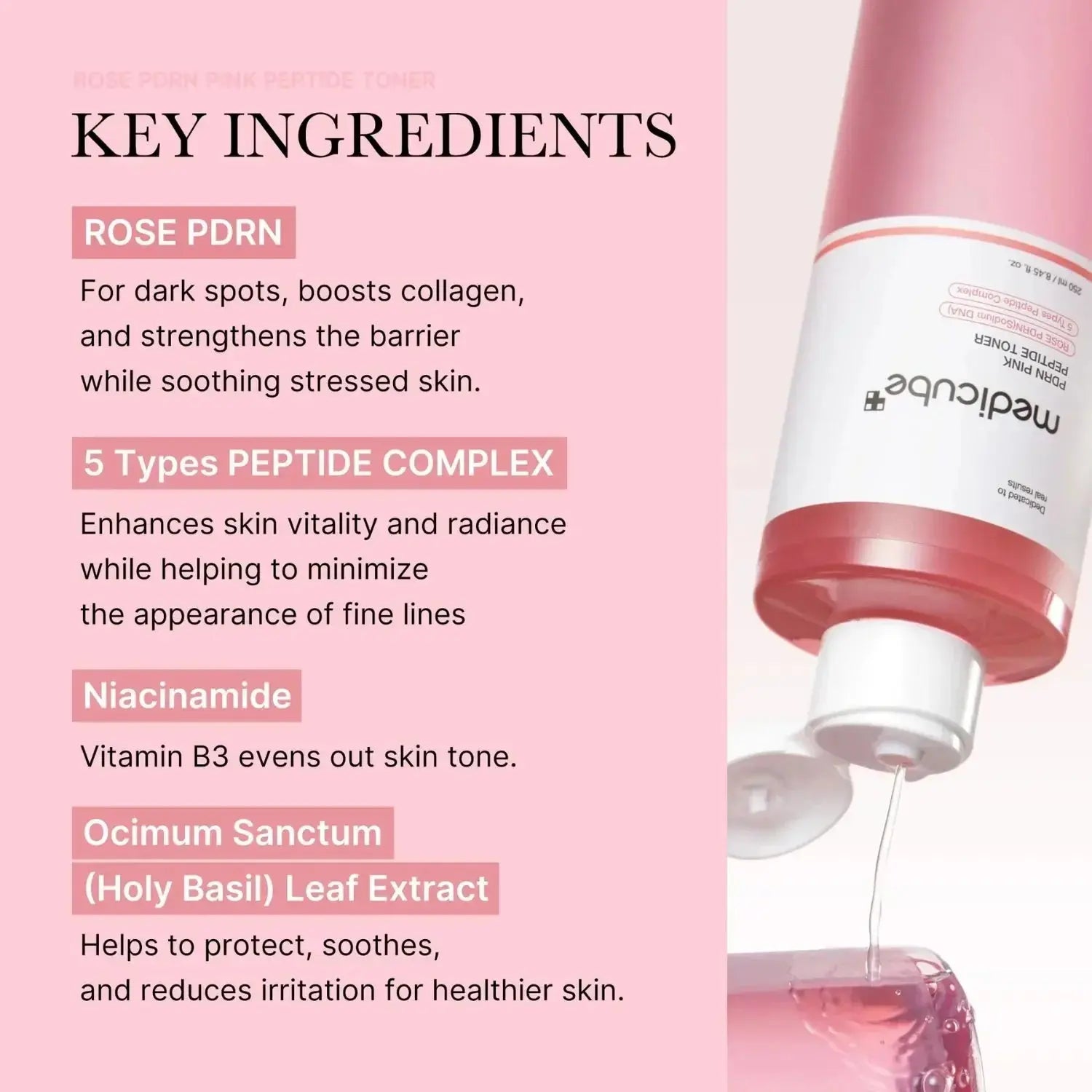 Medicube PDRN Pink Cica Soothing Toner in a 120ml bottle, designed to hydrate and calm sensitive skin.
