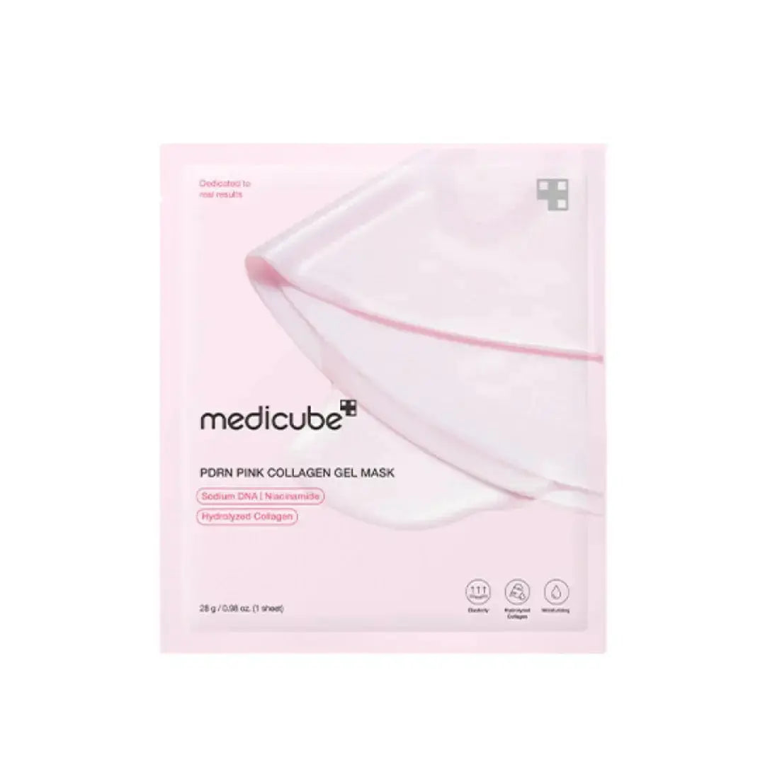 Medicube PDRN Pink Collagen Gel Mask sheet mask for firming and hydrating skin, displayed on a white background.