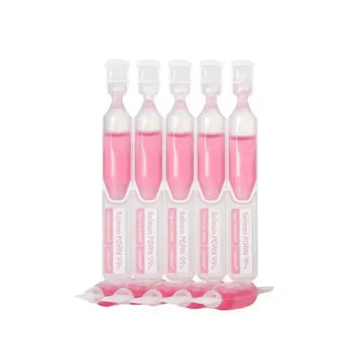 Set of 10 Medicube PDRN Pink One Day Serums in 1.5ml bottles, displayed together in a clear view.