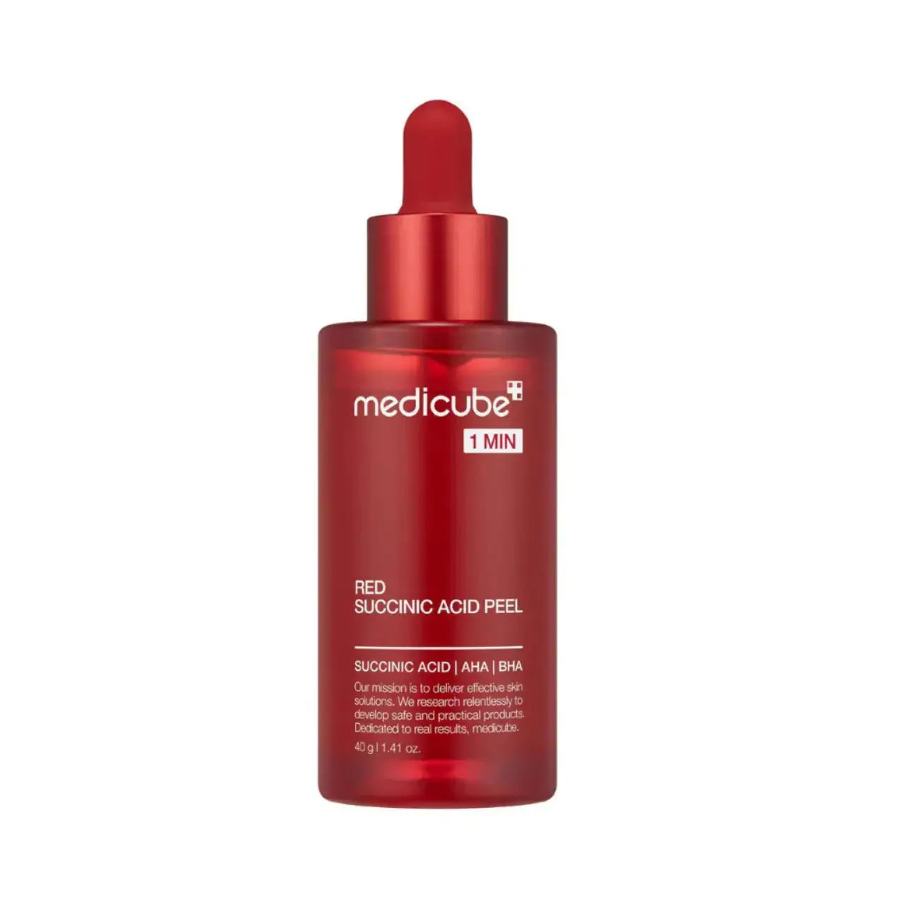 Medicube Red Acne Succinic Acid Peel Serum in a clear bottle, showcasing the serum's texture and application nozzle.
