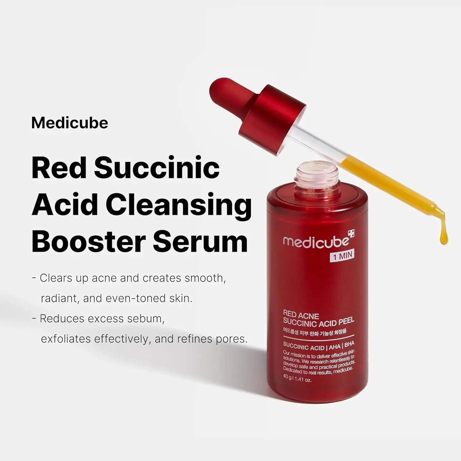 Medicube Red Acne Succinic Acid Peel Serum in a clear bottle with dropper, designed for acne treatment and skin clarity.