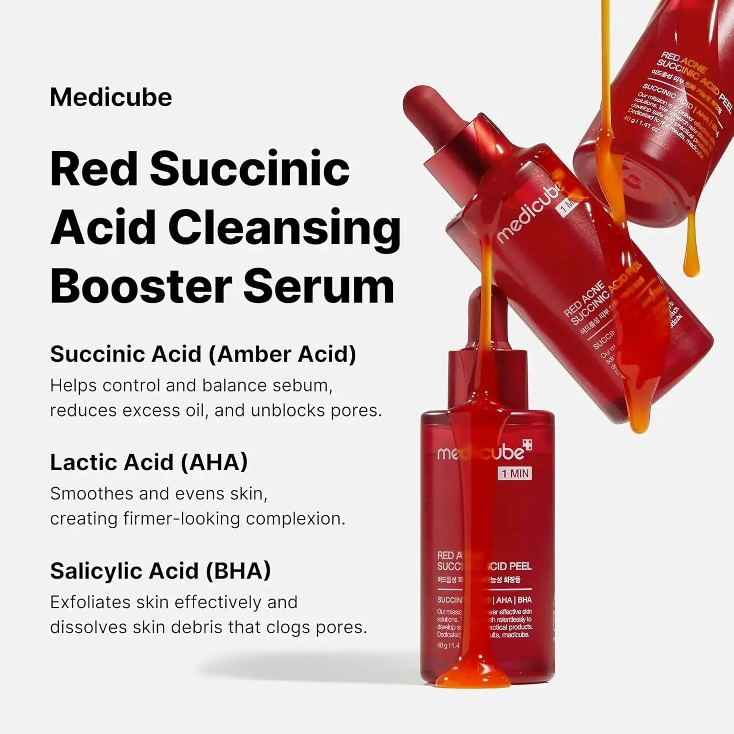 Medicube Red Acne Succinic Acid Peel Serum in a clear dropper bottle, designed to target acne-prone skin with soothing serum.