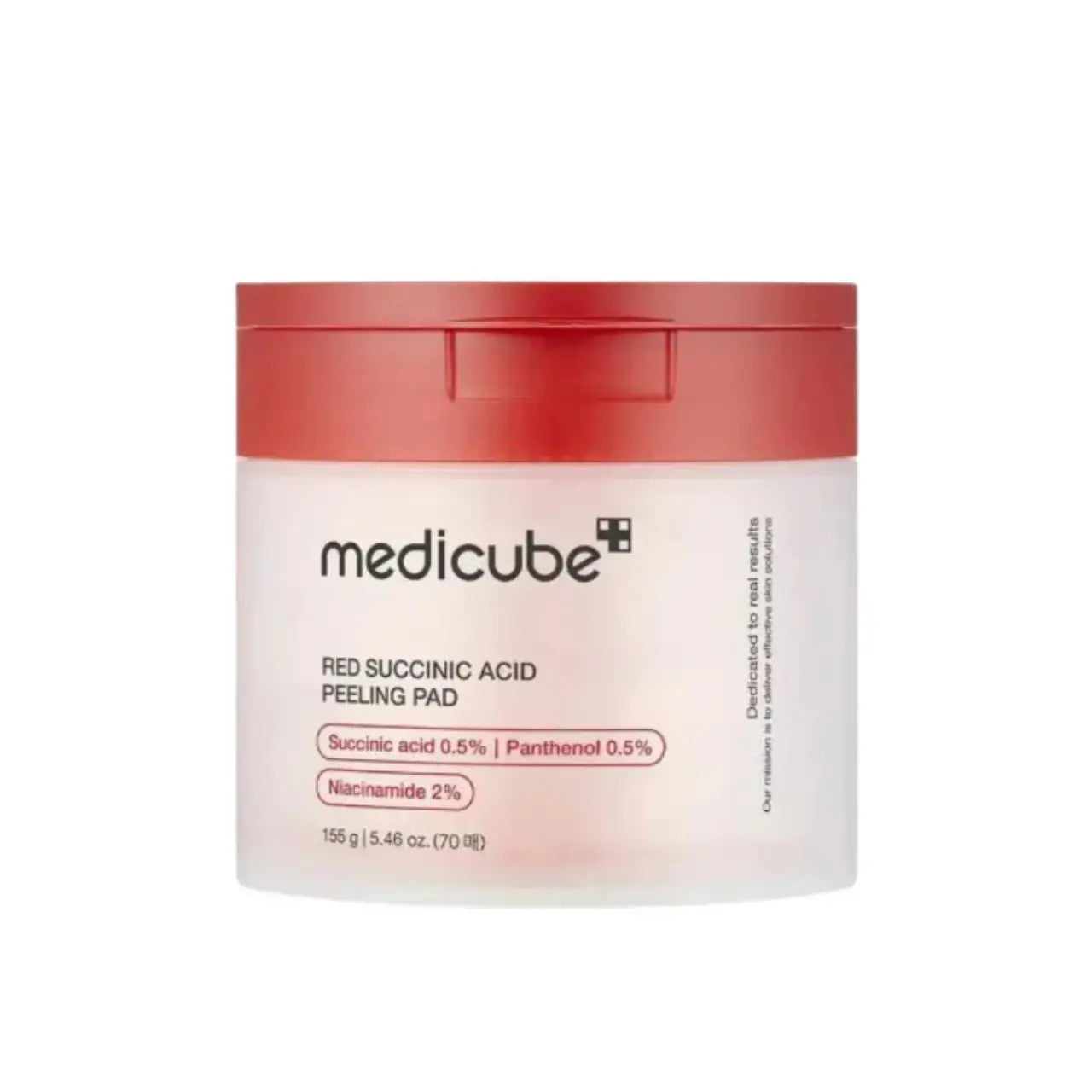 MEDI MEDICUBE Red Succinic Acid Peeling Pad showing textured exfoliating pad with red packaging, used for skin renewal and brightening.