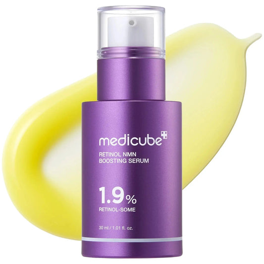 Medicube Retinol NMN Radiance Booster serum in a 30ml bottle, showcasing the sleek packaging and product label.