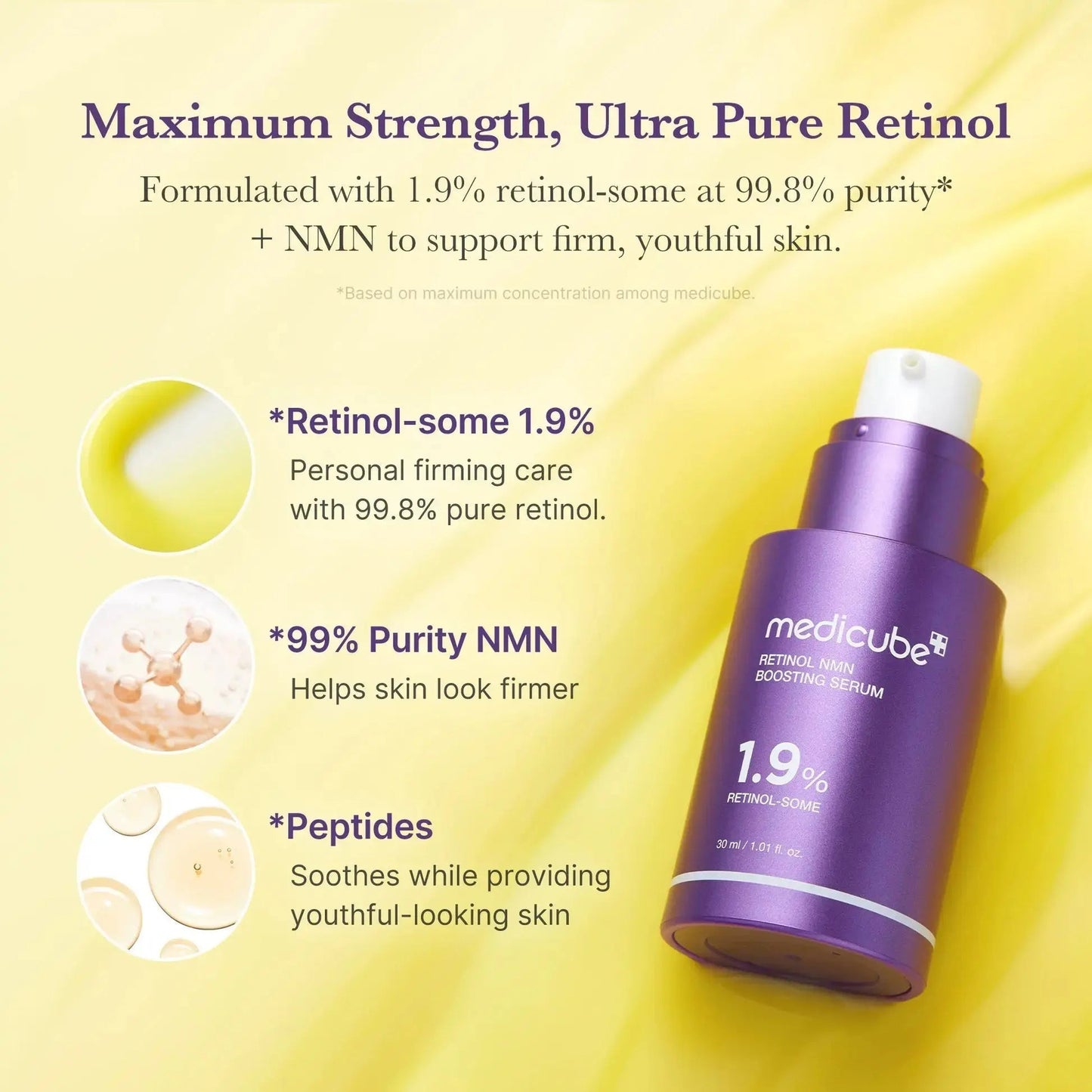 Medicube Retinol NMN Radiance Booster serum in a 30ml bottle, featuring a clear dropper and sleek packaging for skin revitalization.