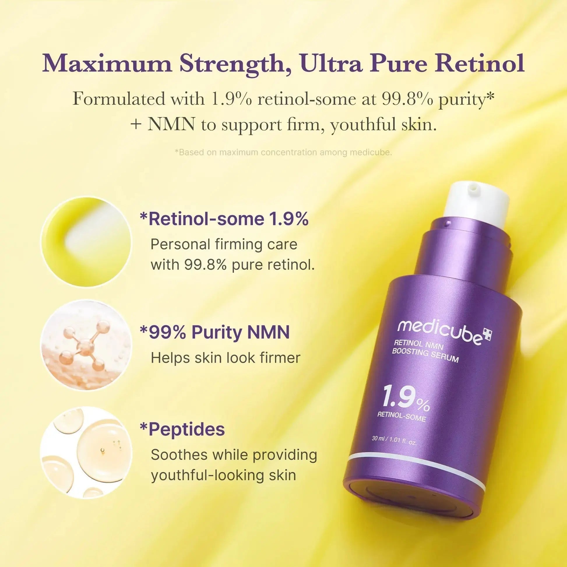 Medicube Retinol NMN Radiance Booster serum in a 30ml bottle, featuring a clear dropper and sleek packaging for skin revitalization.