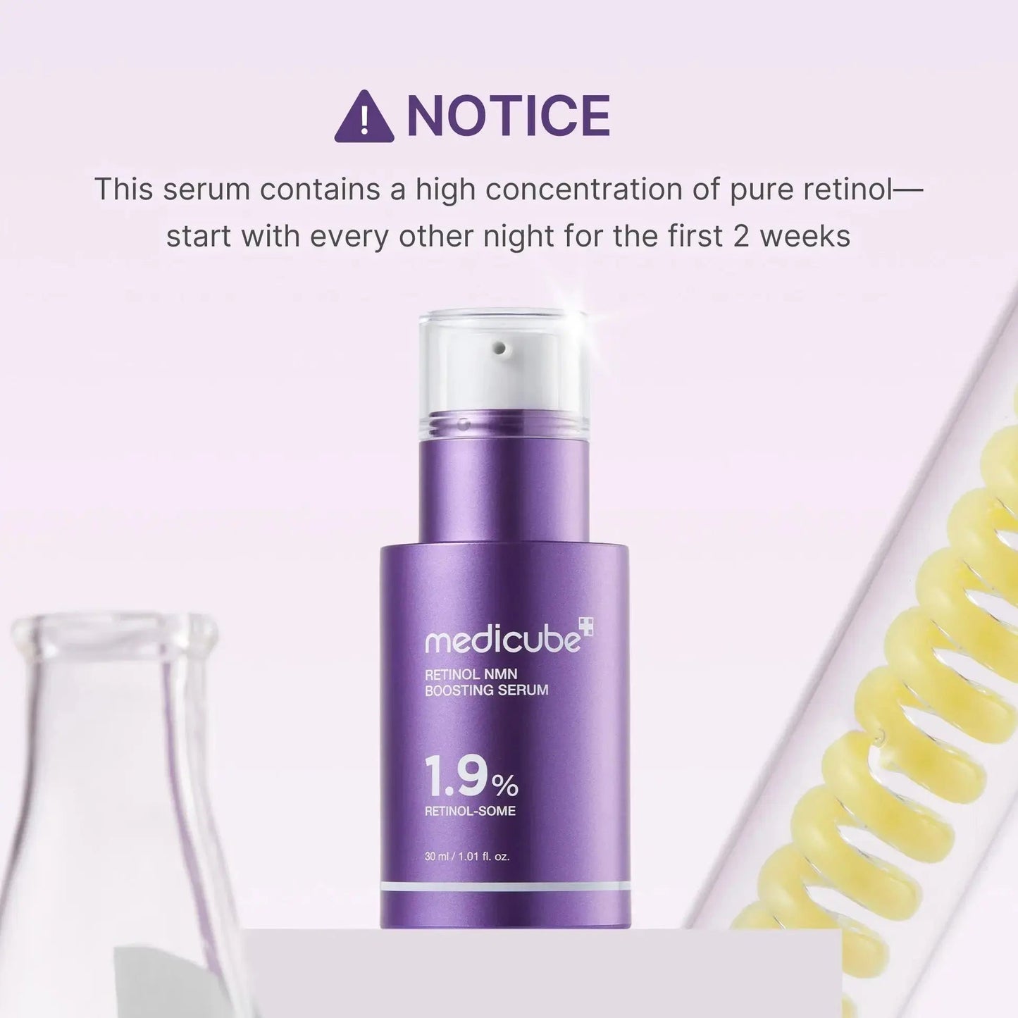 Medicube Retinol NMN Radiance Booster 1.9% Serum in a 30 ml bottle, showcasing the serum's packaging and label.
