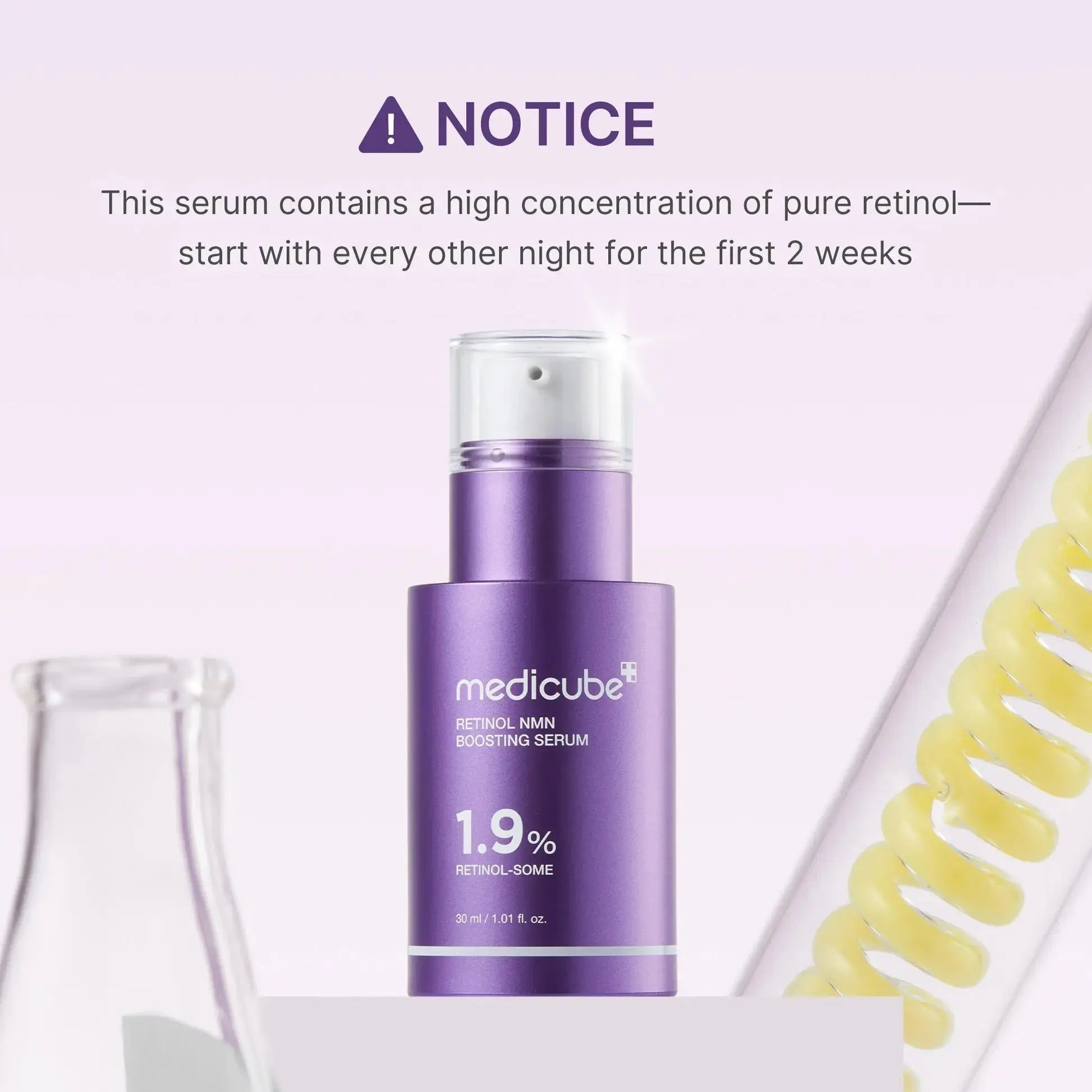 Medicube Retinol NMN Radiance Booster 1.9% Serum in a 30 ml bottle, showcasing the serum's packaging and label.