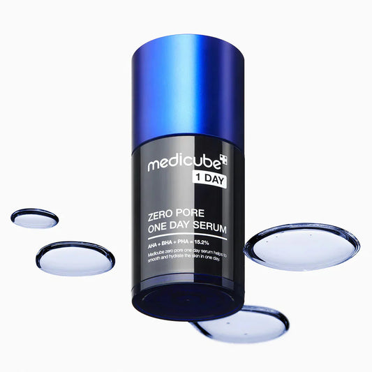 Bottle of Medicube Zero Pore One Day Serum 30ml with sleek packaging and clear label, designed for pore minimizing skincare.