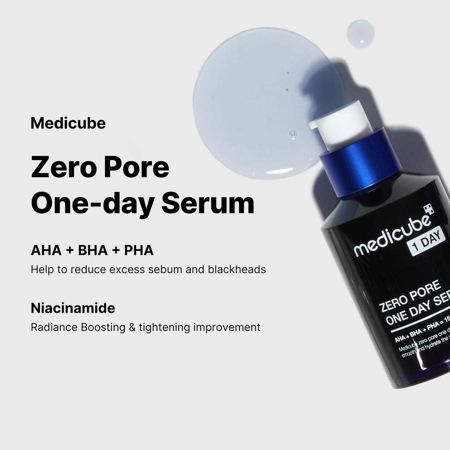 Medicube Zero Pore One Day Serum in 30ml bottle, featuring clear packaging and applicator for pore-refining skincare.