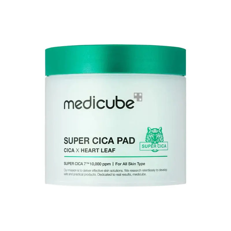 Medicube Super Cica Pad 70 pcs, soothing toner pads with calming ingredients for sensitive skin, displayed in a clear container.