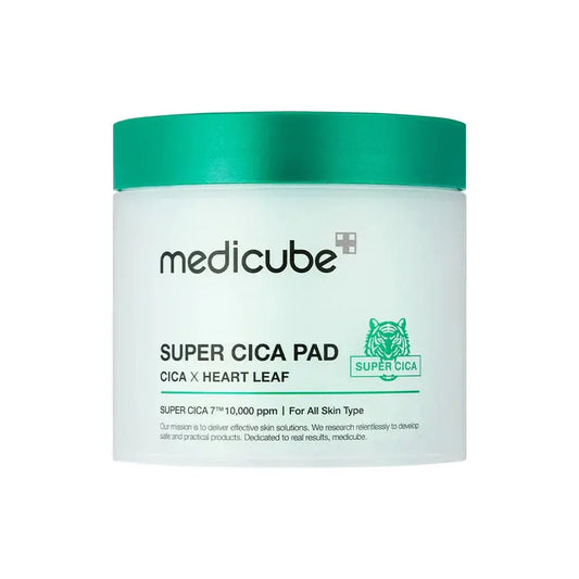 Medicube Super Cica Pad 70 pcs, soothing toner pads with calming ingredients for sensitive skin, displayed in a clear container.
