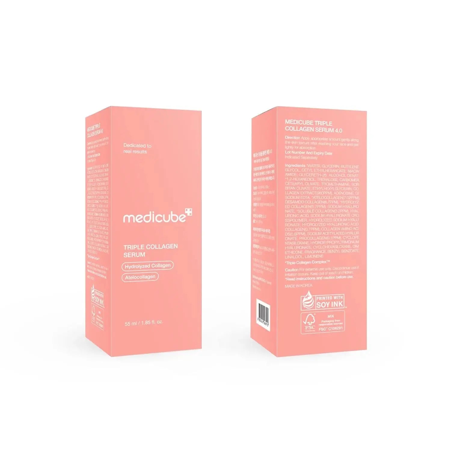 Medicube Triple Collagen Serum 4.0 in a 55ml bottle, featuring a clear dropper and sleek packaging for skin rejuvenation.