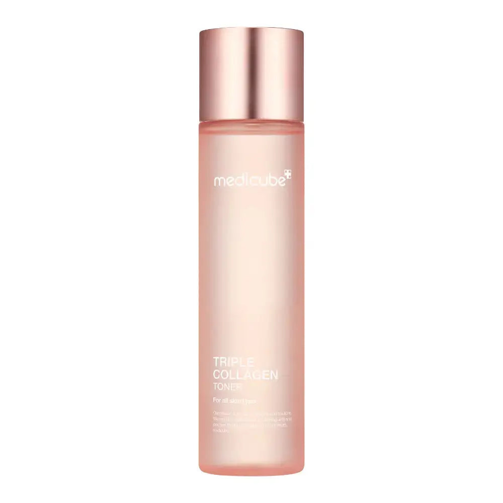 Medicube Triple Collagen Toner in a 140 ml bottle, showing the clear liquid and minimalist label design.