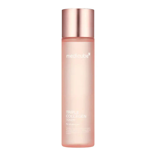 Medicube Triple Collagen Toner in a 140 ml bottle, showing the clear liquid and minimalist label design.