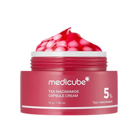 Medicube TXA Niacinamide Capsule Cream 55g jar showing the cream's packaging and product label for skin care.