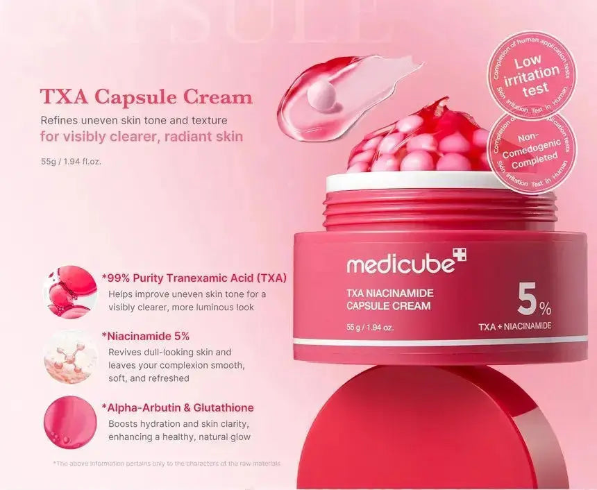MedCube TXA Niacinamide Capsule Cream 55g jar showing the cream in a white container with a lid, highlighting skincare product details.