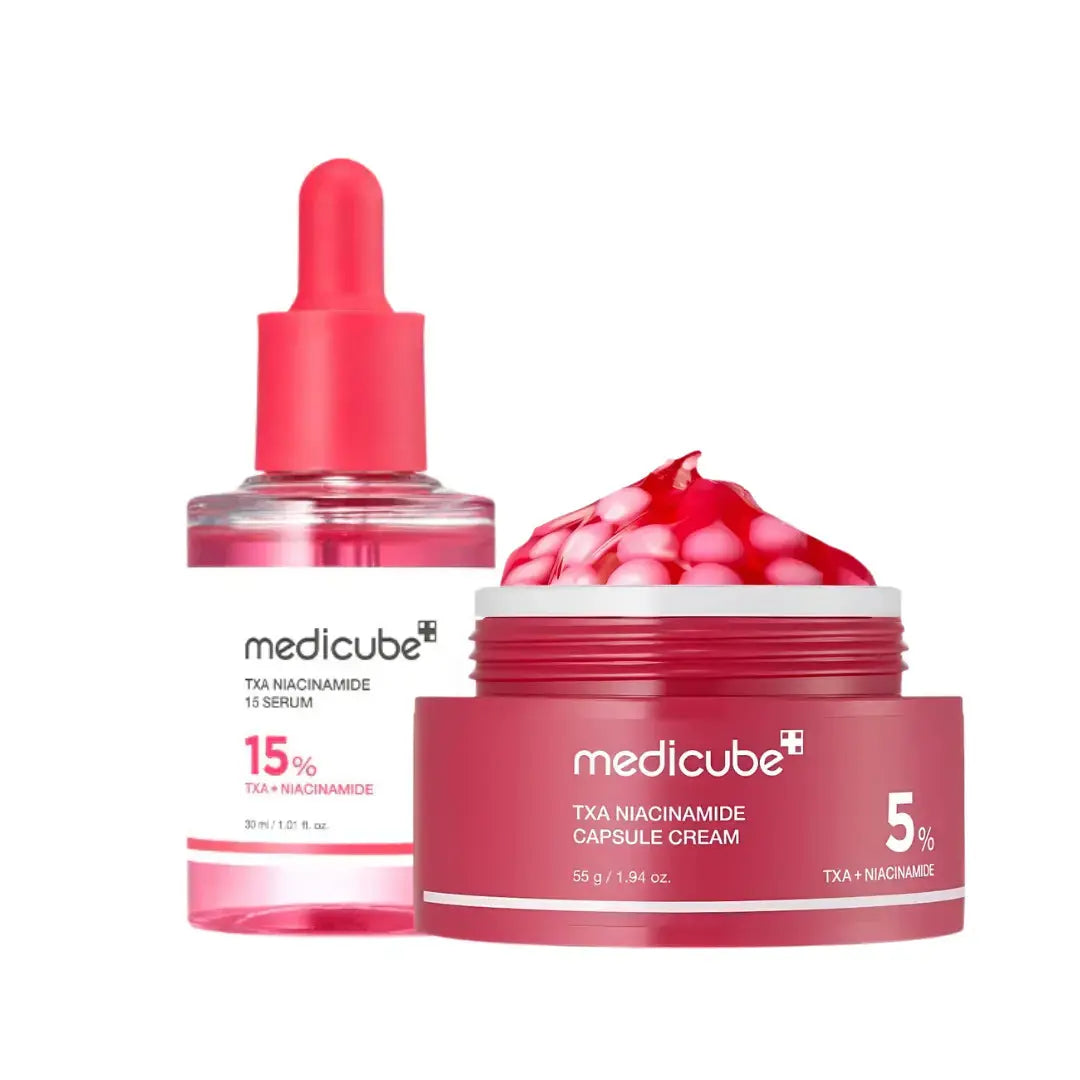 Medicube TXA Niacinamide Serum and Capsule Cream set, featuring skincare products in white bottles with blue caps and branding.