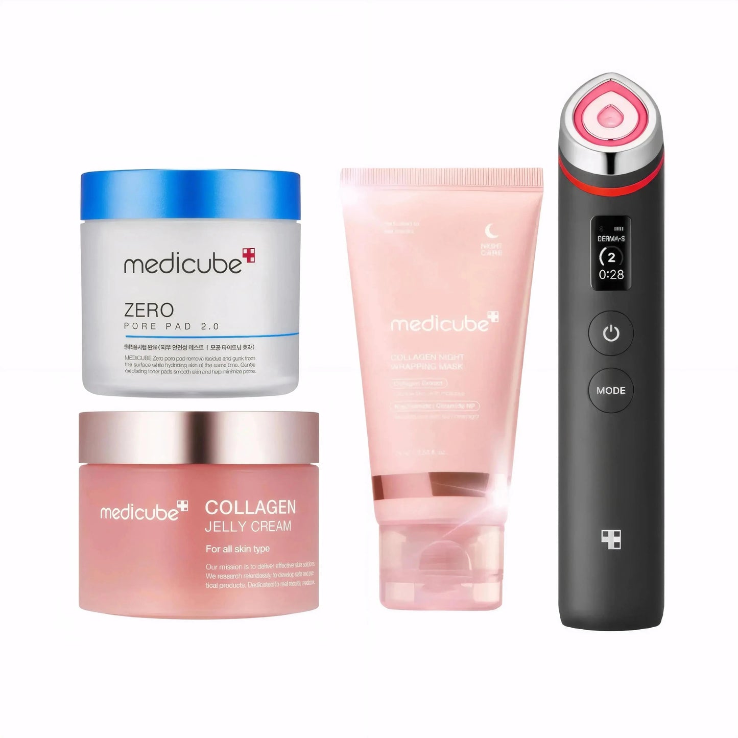 Medicube Ultimate Collagen Skin Care Combo with bottles and skincare products for youthful, hydrated skin.