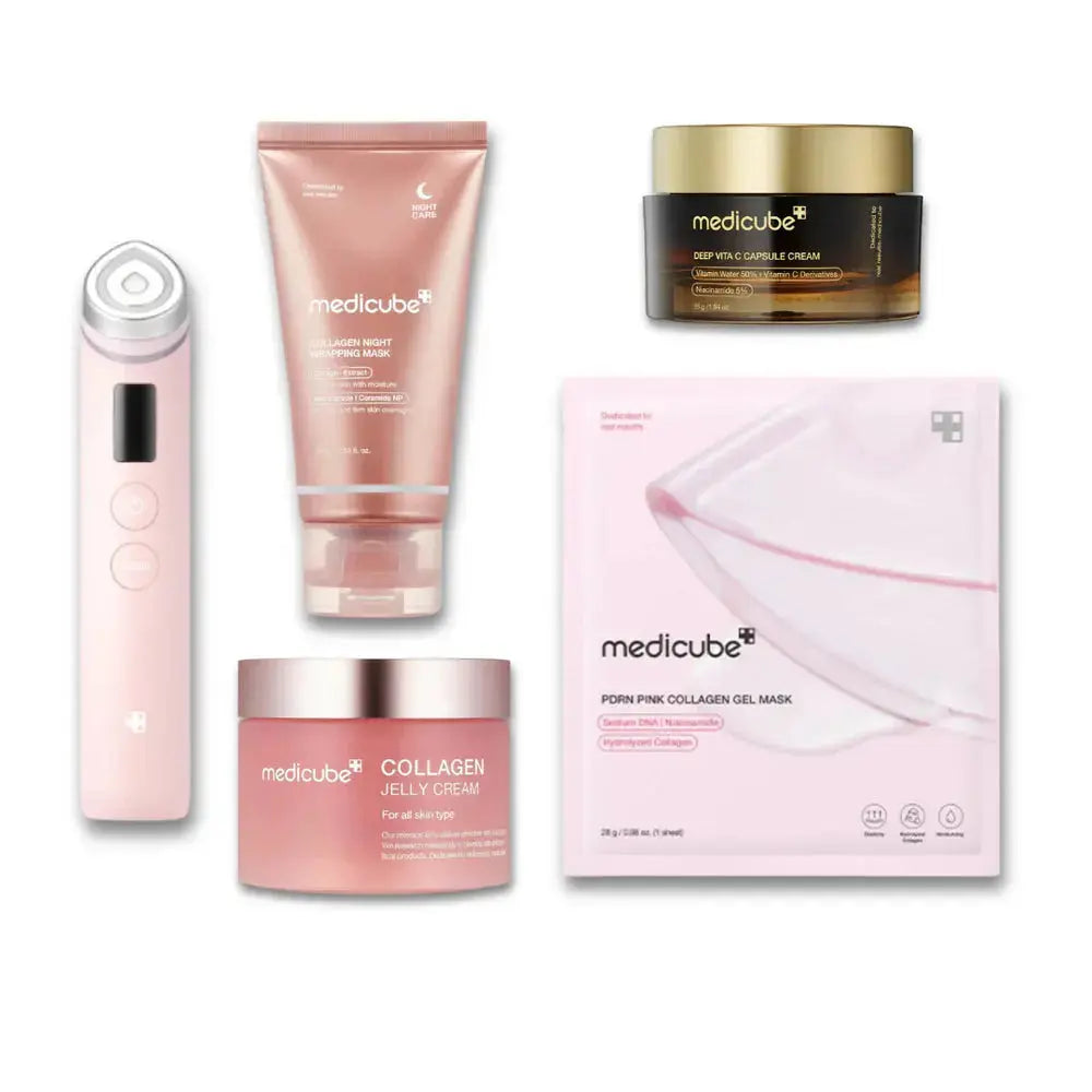 Medicube Ultimate Glow Booster Kit featuring skincare products with brightening and hydrating ingredients for radiant skin.
