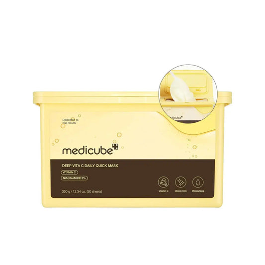 Medicube Vita C Daily Quick Mask applied to skin, showcasing brightening and hydrating effects from the Medicube skincare mask.