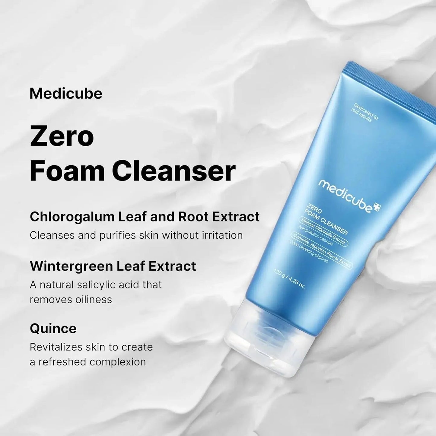 Medicube Zero Foam Cleanser 120ml bottle with white pump and clear label, gentle facial cleanser for clean, refreshed skin.