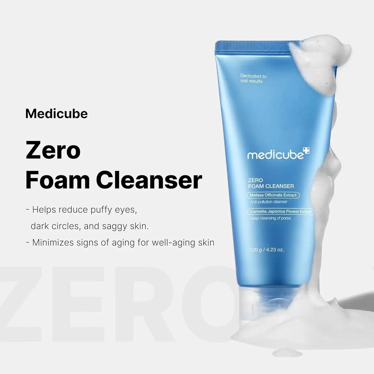 Medicube Zero Foam Cleanser 120ml, gentle facial cleanser with foaming texture, suitable for deep cleansing and refreshed skin.