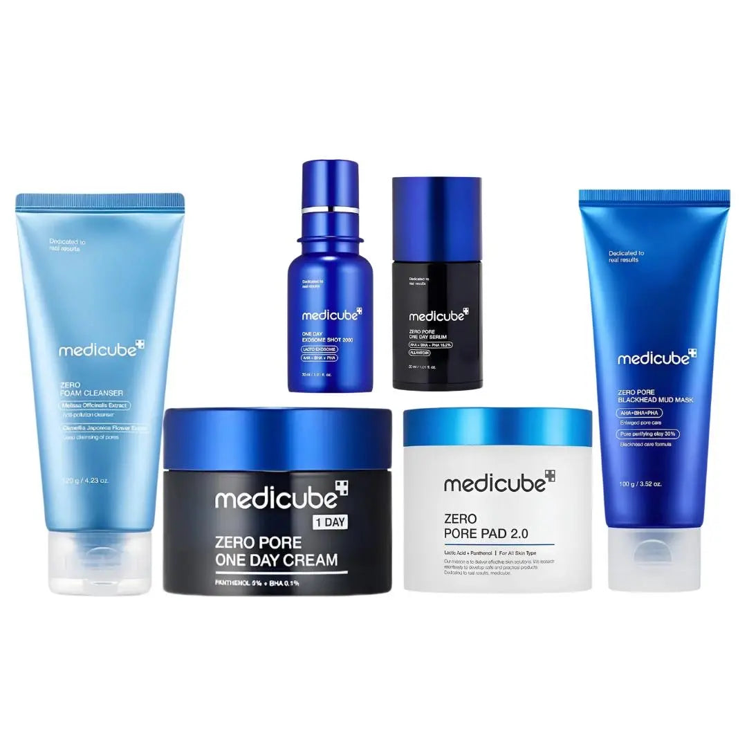 Set of six Medicube Zero Pore skincare products featuring cleansers, toners, and treatments in sleek packaging.