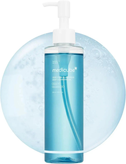 Medicube Zero Pore Blackhead Deep Cleansing Oil bottle with 205ml label, designed for deep pore cleansing and blackhead removal.