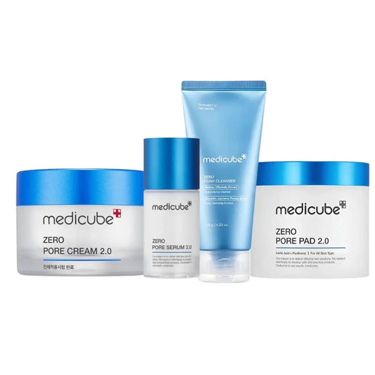 Medicube Zero Pore Clearer 4-piece set with skincare products for pore minimizing and oil control, featuring bottles and jars.